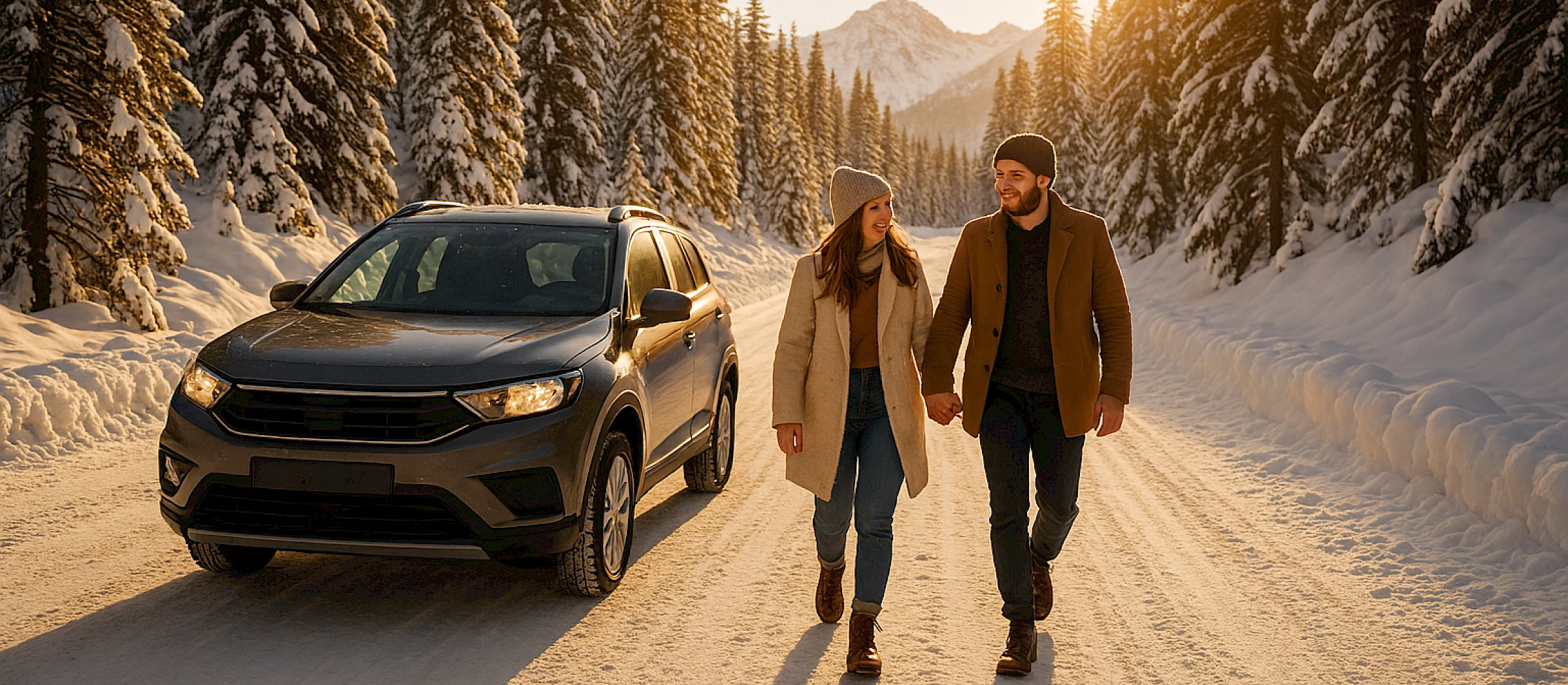 Havas út, napsütésben autótól távolodó pár